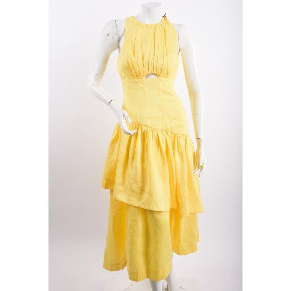 Aje. Womans Caliente Tiered Cut Out Dress Midi AU 8 S Yellow Ruffled Linen